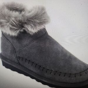 NWT- N BOX, BearPaw Charcoal Grey Doyal Ankle Boot Faux Fur Trim 9M (box damage)
